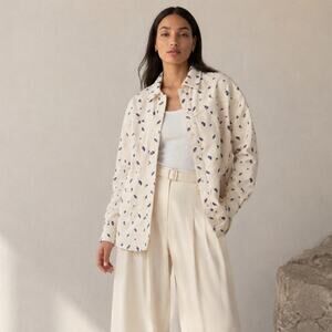 Frank & Oak Cream/White Floral Denim Button-up Long Sleeve Overshirt, size M